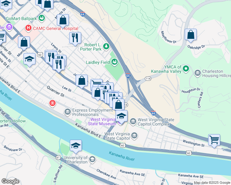 map of restaurants, bars, coffee shops, grocery stores, and more near 407 Mc Clung St in Charleston