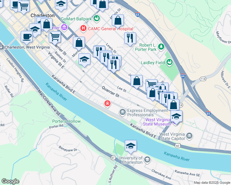 map of restaurants, bars, coffee shops, grocery stores, and more near 1530 Quarrier Street in Charleston