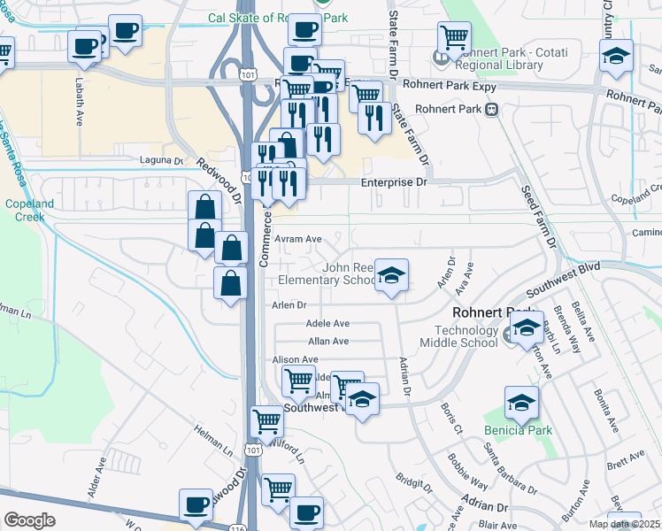 map of restaurants, bars, coffee shops, grocery stores, and more near 166 Santa Alicia Drive in Rohnert Park