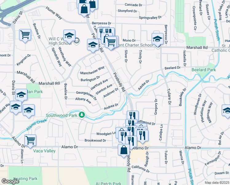 map of restaurants, bars, coffee shops, grocery stores, and more near 179 Andover Drive in Vacaville