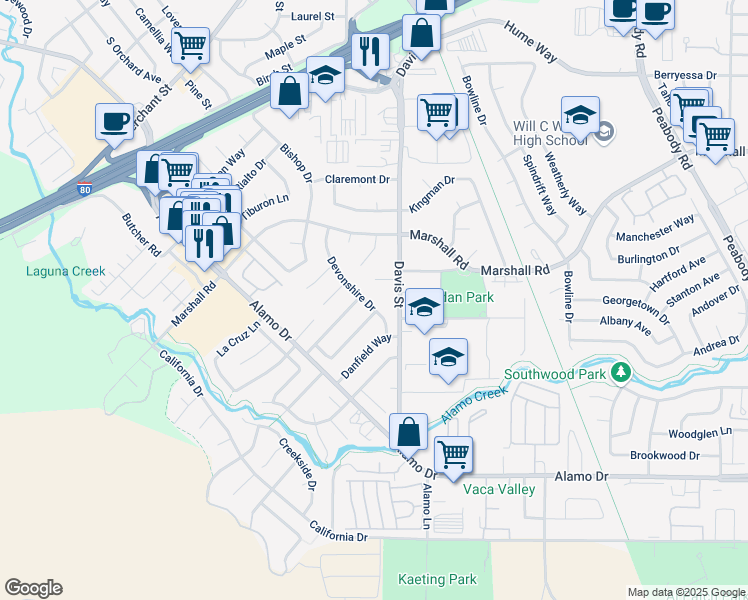 map of restaurants, bars, coffee shops, grocery stores, and more near 1251 Devonshire Drive in Vacaville
