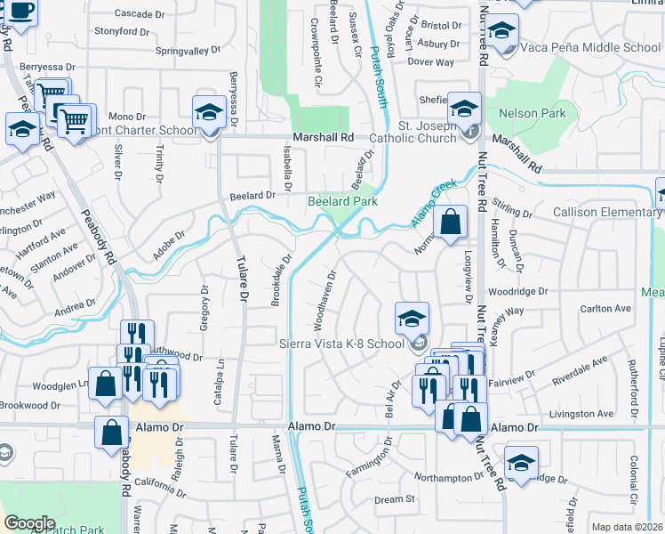 map of restaurants, bars, coffee shops, grocery stores, and more near 200 Pembroke Court in Vacaville