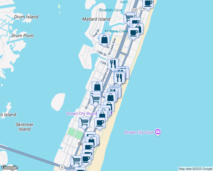 map of restaurants, bars, coffee shops, grocery stores, and more near 1004 Philadelphia Avenue in Ocean City