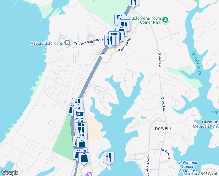 map of restaurants, bars, coffee shops, grocery stores, and more near 1104 Back Creek Loop in Solomons