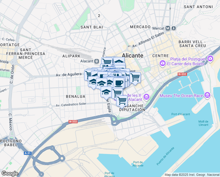 map of restaurants, bars, coffee shops, grocery stores, and more near 29 Carrer Arquitecto Morell in Alicante (Alacant)
