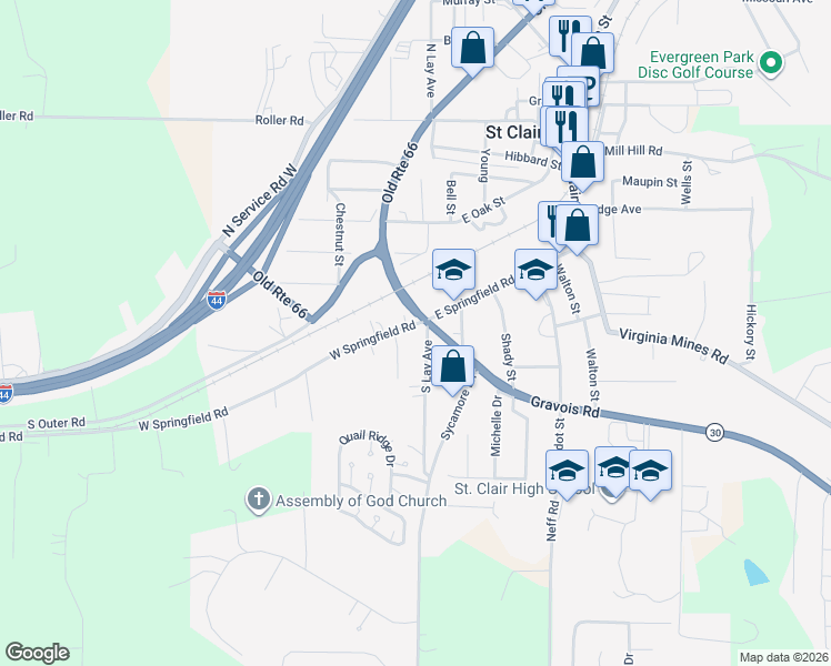 map of restaurants, bars, coffee shops, grocery stores, and more near 10 West Springfield Road in Saint Clair