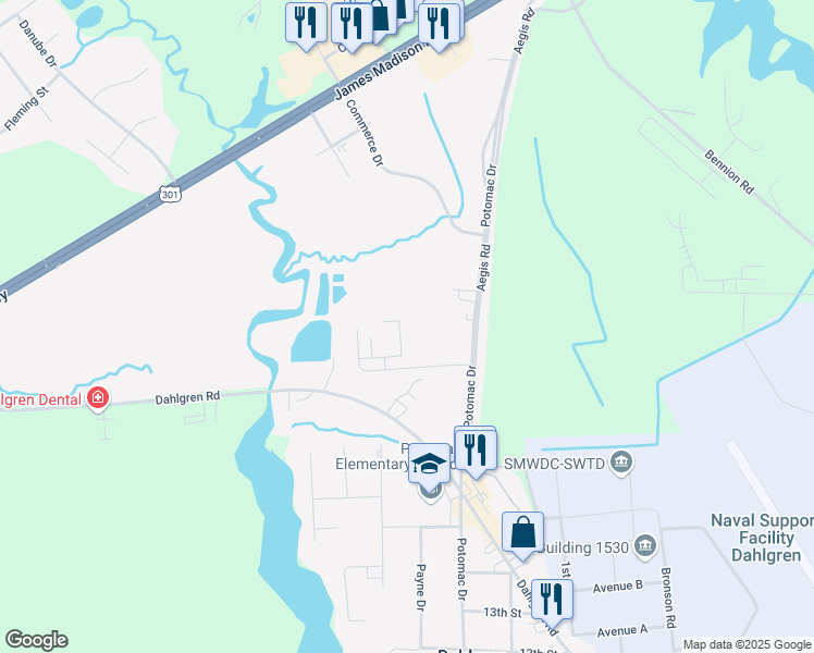 map of restaurants, bars, coffee shops, grocery stores, and more near 5105 Mallards Landing Drive in King George