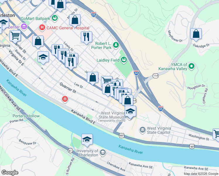 map of restaurants, bars, coffee shops, grocery stores, and more near 500 Jackson Street in Charleston
