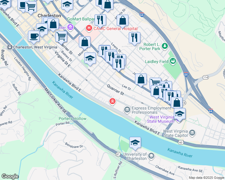 map of restaurants, bars, coffee shops, grocery stores, and more near 1511 Quarrier Street in Charleston