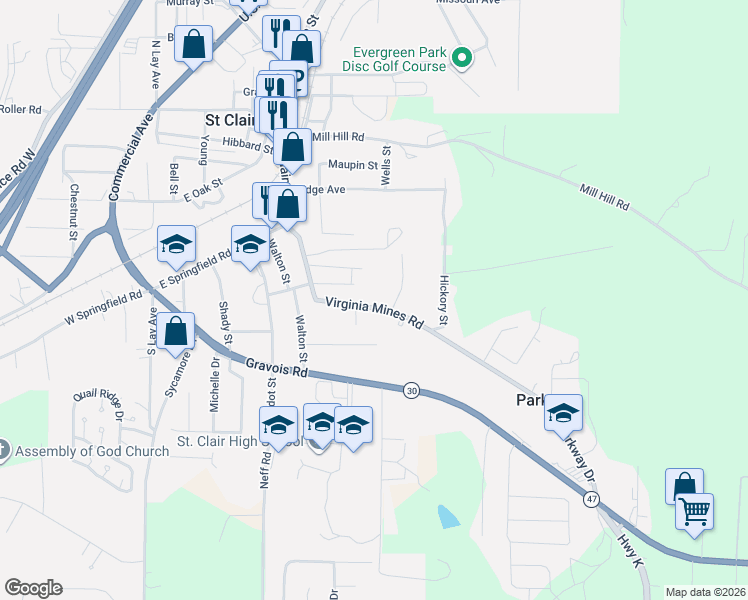 map of restaurants, bars, coffee shops, grocery stores, and more near 905 Virginia Mines Road in Saint Clair