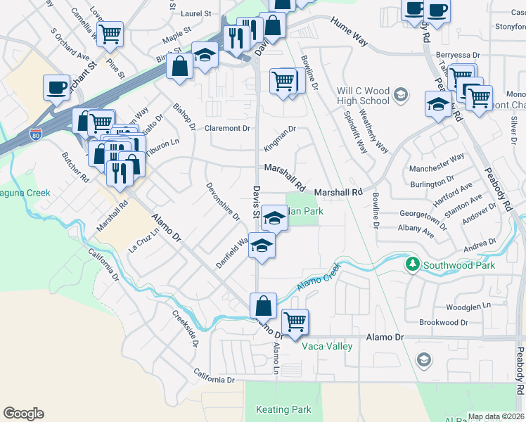 map of restaurants, bars, coffee shops, grocery stores, and more near 1021 Davis Street in Vacaville