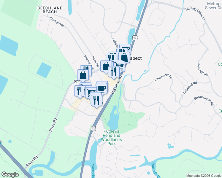 map of restaurants, bars, coffee shops, grocery stores, and more near 9219 U.S. 42 in Prospect