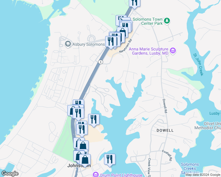 map of restaurants, bars, coffee shops, grocery stores, and more near 1123 Back Creek Loop in Solomons
