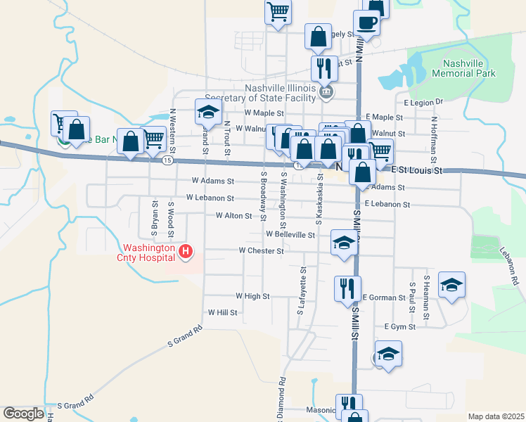 map of restaurants, bars, coffee shops, grocery stores, and more near 375 South Broadway Street in Nashville