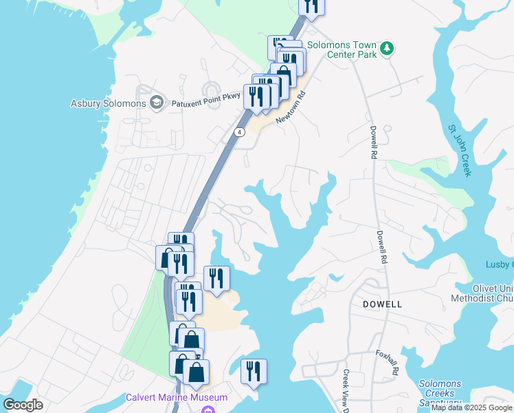 map of restaurants, bars, coffee shops, grocery stores, and more near 1121 Back Creek Loop in Solomons