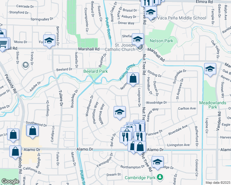 map of restaurants, bars, coffee shops, grocery stores, and more near 143 Woodhaven Drive in Vacaville