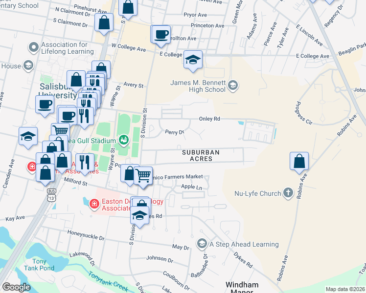 map of restaurants, bars, coffee shops, grocery stores, and more near 113 Hall Drive in Salisbury