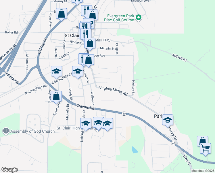 map of restaurants, bars, coffee shops, grocery stores, and more near 905 Virginia Mines Road in Saint Clair