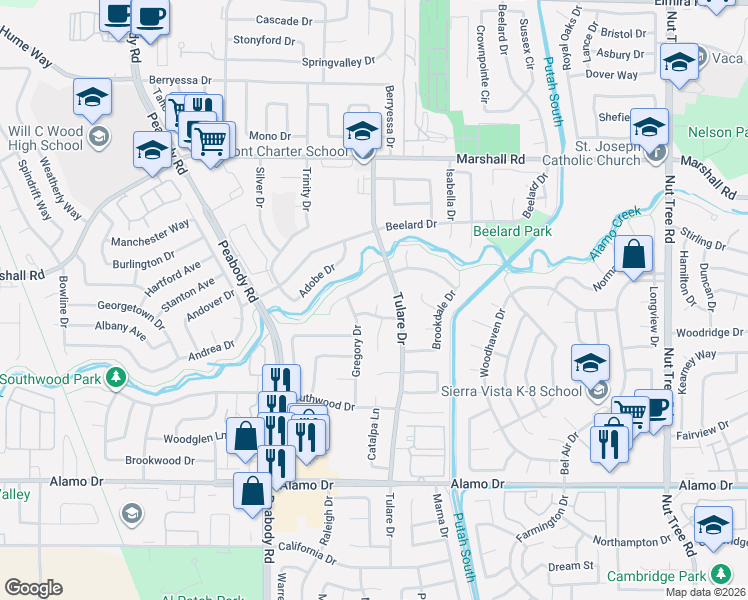 map of restaurants, bars, coffee shops, grocery stores, and more near 578 Gregory Drive in Vacaville
