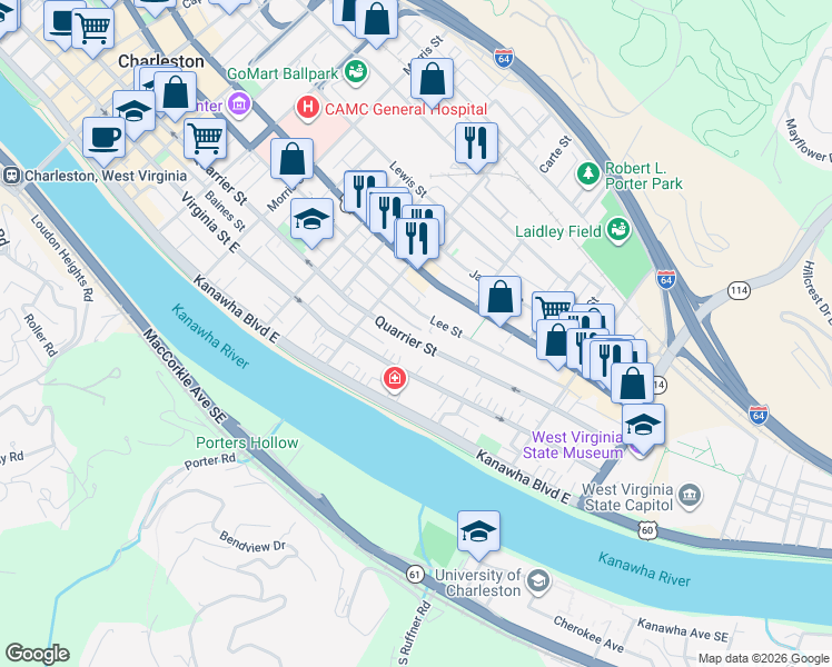 map of restaurants, bars, coffee shops, grocery stores, and more near 1530 Quarrier Street in Charleston