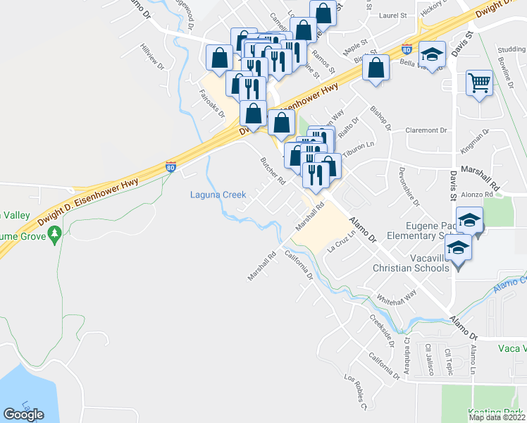 map of restaurants, bars, coffee shops, grocery stores, and more near 1128 Tocia Avenue in Vacaville