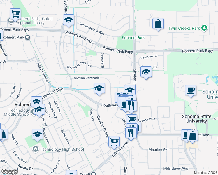 map of restaurants, bars, coffee shops, grocery stores, and more near 1247 Camino Coronado in Rohnert Park