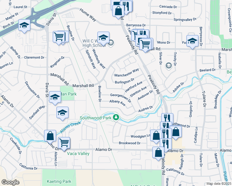map of restaurants, bars, coffee shops, grocery stores, and more near 191 Georgetown Drive in Vacaville