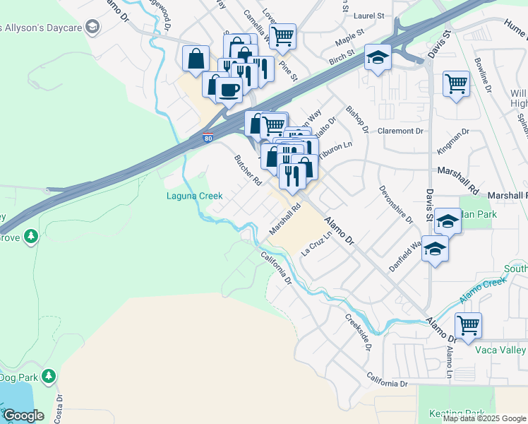 map of restaurants, bars, coffee shops, grocery stores, and more near 1170 Tocia Avenue in Vacaville