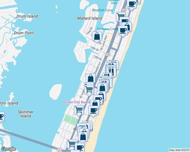map of restaurants, bars, coffee shops, grocery stores, and more near 1001 Philadelphia Avenue in Ocean City