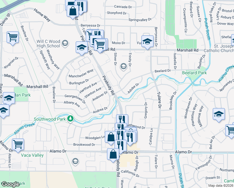 map of restaurants, bars, coffee shops, grocery stores, and more near 2 Beelard Drive in Vacaville