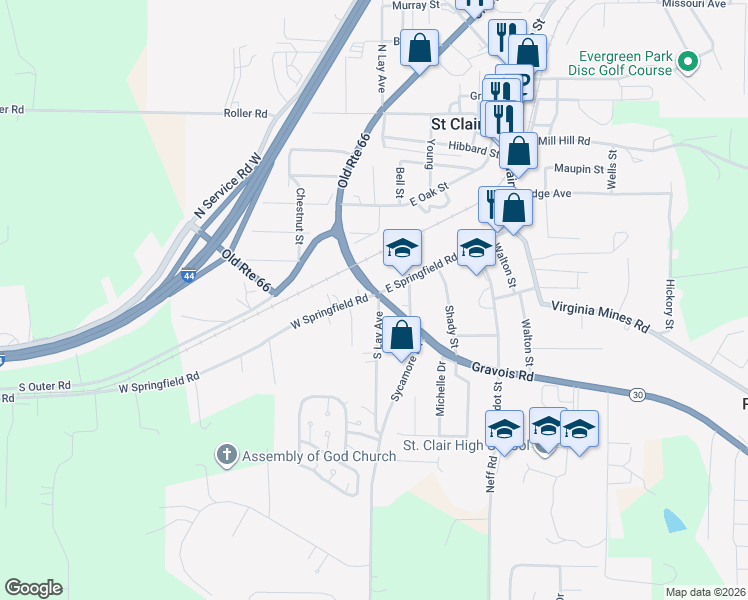 map of restaurants, bars, coffee shops, grocery stores, and more near 10 West Springfield Road in Saint Clair