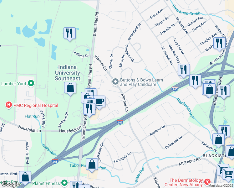 map of restaurants, bars, coffee shops, grocery stores, and more near 4006 Melvyn Drive in New Albany