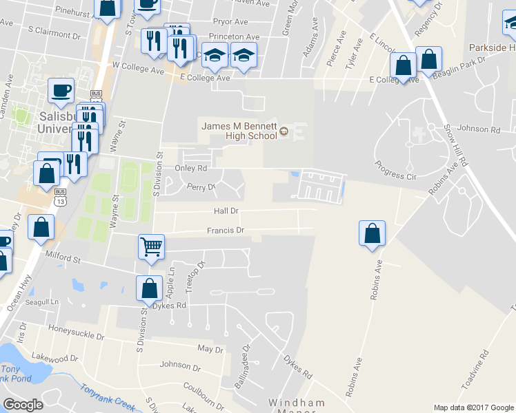 map of restaurants, bars, coffee shops, grocery stores, and more near 205 Hall Drive in Salisbury