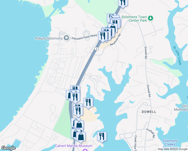 map of restaurants, bars, coffee shops, grocery stores, and more near 1221 Back Creek Loop in Solomons