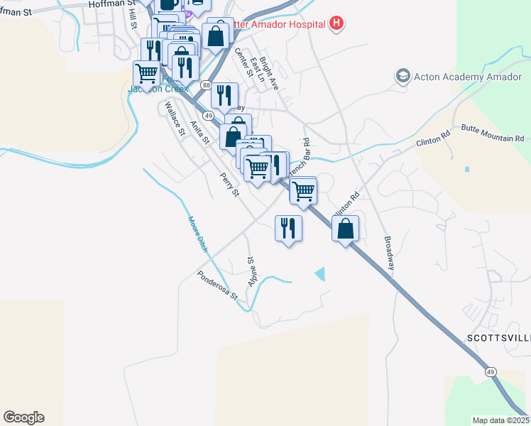 map of restaurants, bars, coffee shops, grocery stores, and more near 210 French Bar Road in Jackson