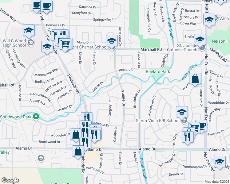 map of restaurants, bars, coffee shops, grocery stores, and more near 578 Gregory Drive in Vacaville