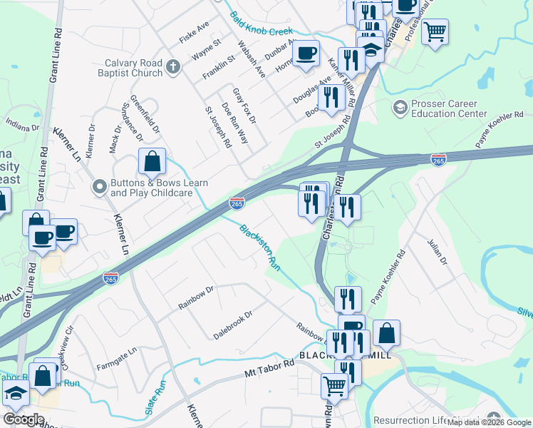 map of restaurants, bars, coffee shops, grocery stores, and more near 3501-3599 Joseph Ct in New Albany