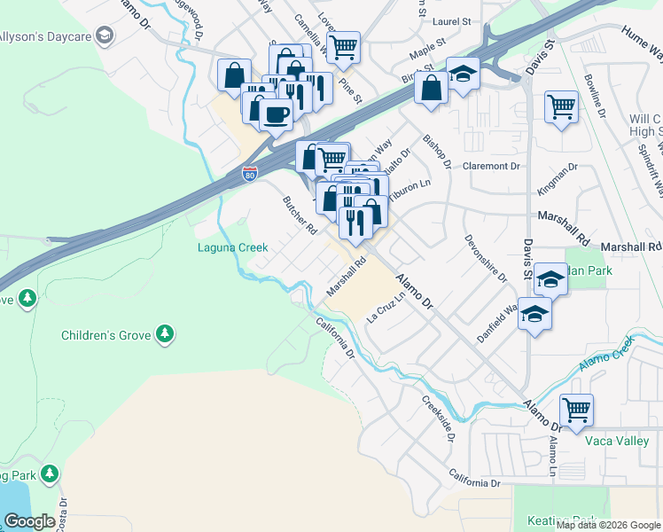 map of restaurants, bars, coffee shops, grocery stores, and more near 201 Moscato Court in Vacaville