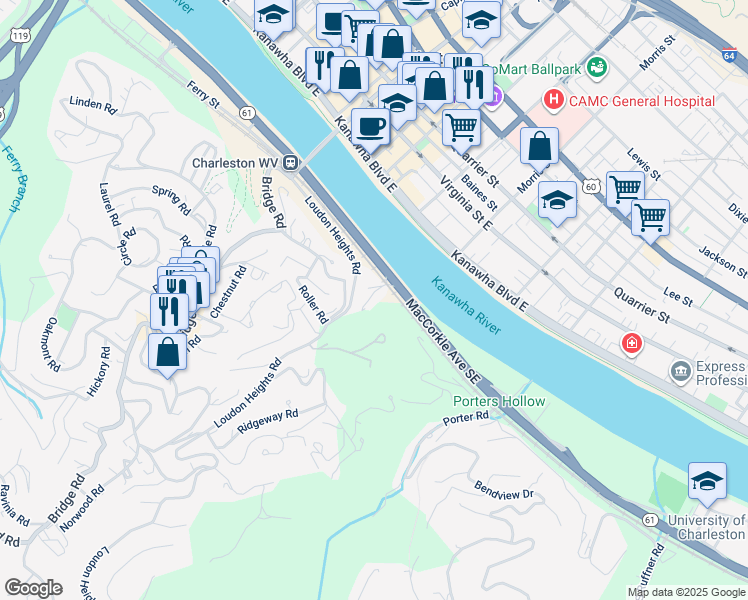 map of restaurants, bars, coffee shops, grocery stores, and more near 412 12th Street Southeast in Charleston