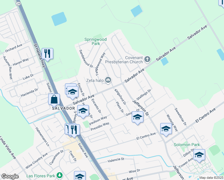 map of restaurants, bars, coffee shops, grocery stores, and more near 1515 Salvador Avenue in Napa