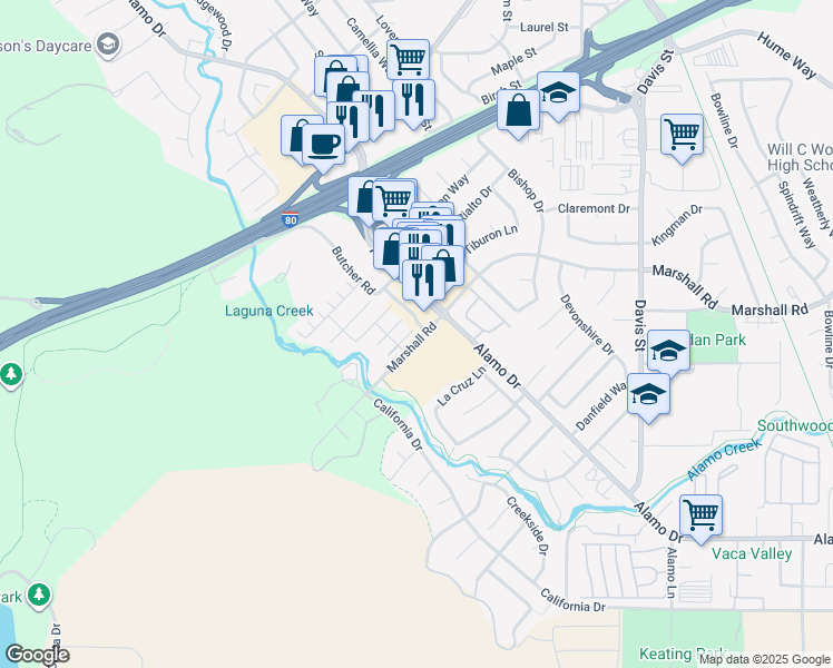 map of restaurants, bars, coffee shops, grocery stores, and more near 496 Marshall Road in Vacaville