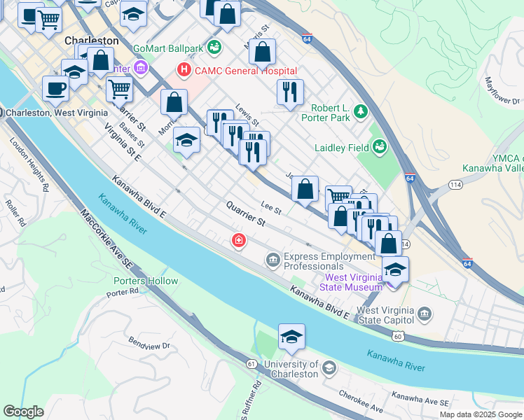 map of restaurants, bars, coffee shops, grocery stores, and more near 1530 Quarrier Street in Charleston