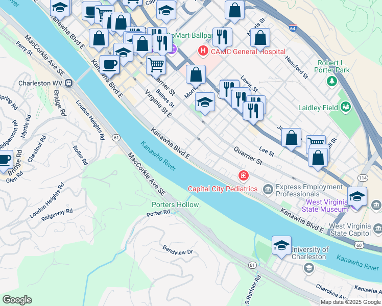 map of restaurants, bars, coffee shops, grocery stores, and more near 1404 Kanawha Boulevard East in Charleston