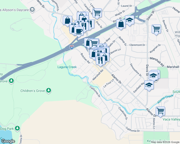 map of restaurants, bars, coffee shops, grocery stores, and more near 1170 Tocia Avenue in Vacaville