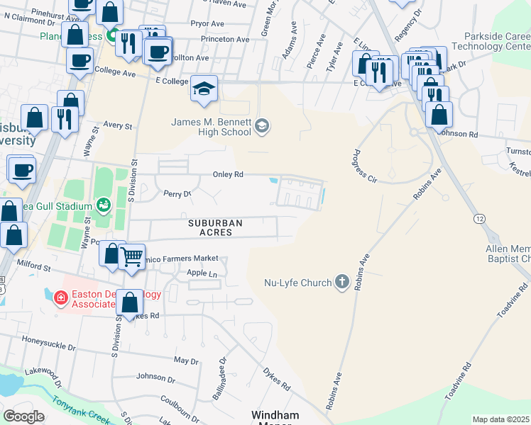 map of restaurants, bars, coffee shops, grocery stores, and more near 215 Hall Drive in Salisbury