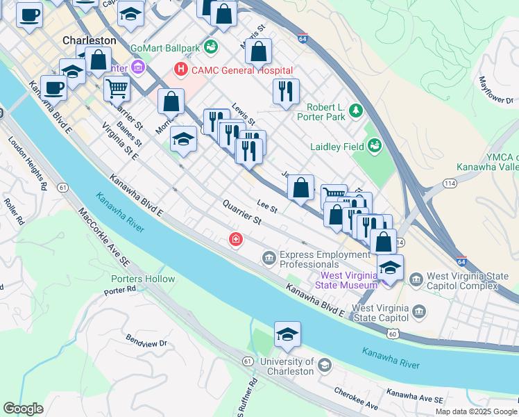 map of restaurants, bars, coffee shops, grocery stores, and more near 1530 Quarrier Street in Charleston