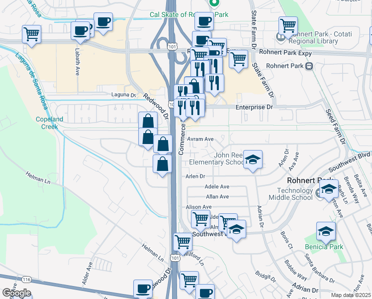 map of restaurants, bars, coffee shops, grocery stores, and more near 6920 Commerce Boulevard in Rohnert Park