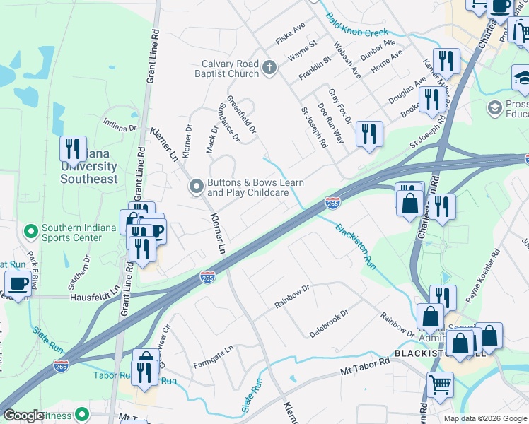 map of restaurants, bars, coffee shops, grocery stores, and more near 4019 Tye Avenue in New Albany