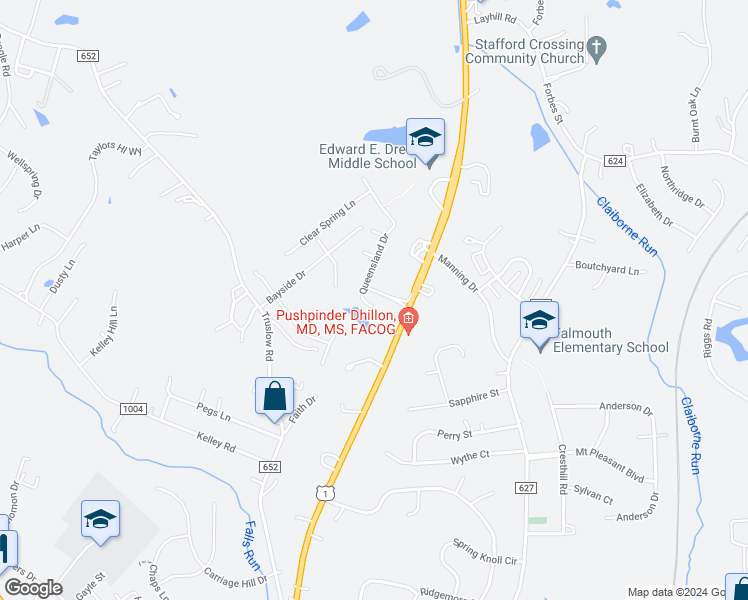 map of restaurants, bars, coffee shops, grocery stores, and more near 47 Queensland Drive in Fredericksburg