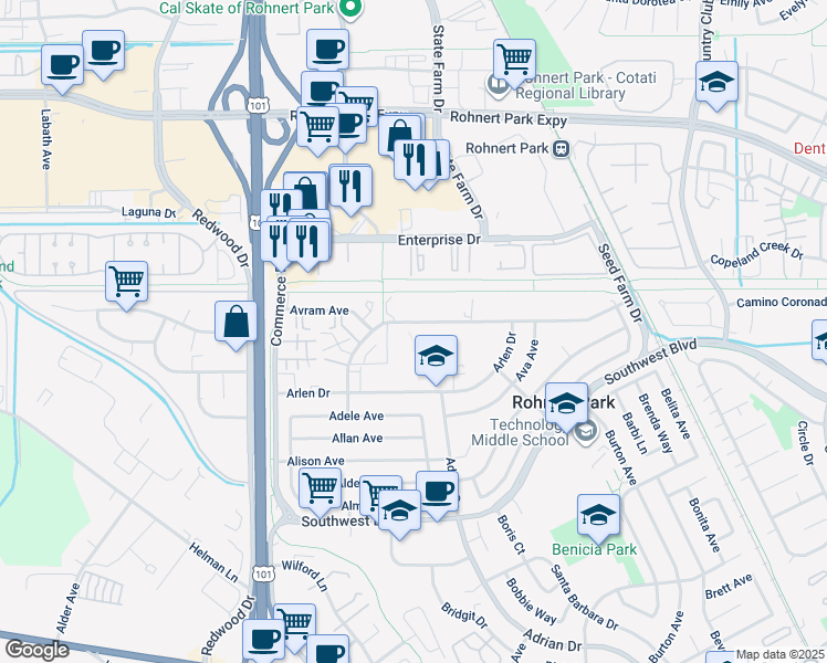 map of restaurants, bars, coffee shops, grocery stores, and more near 291 Santa Alicia Drive in Rohnert Park